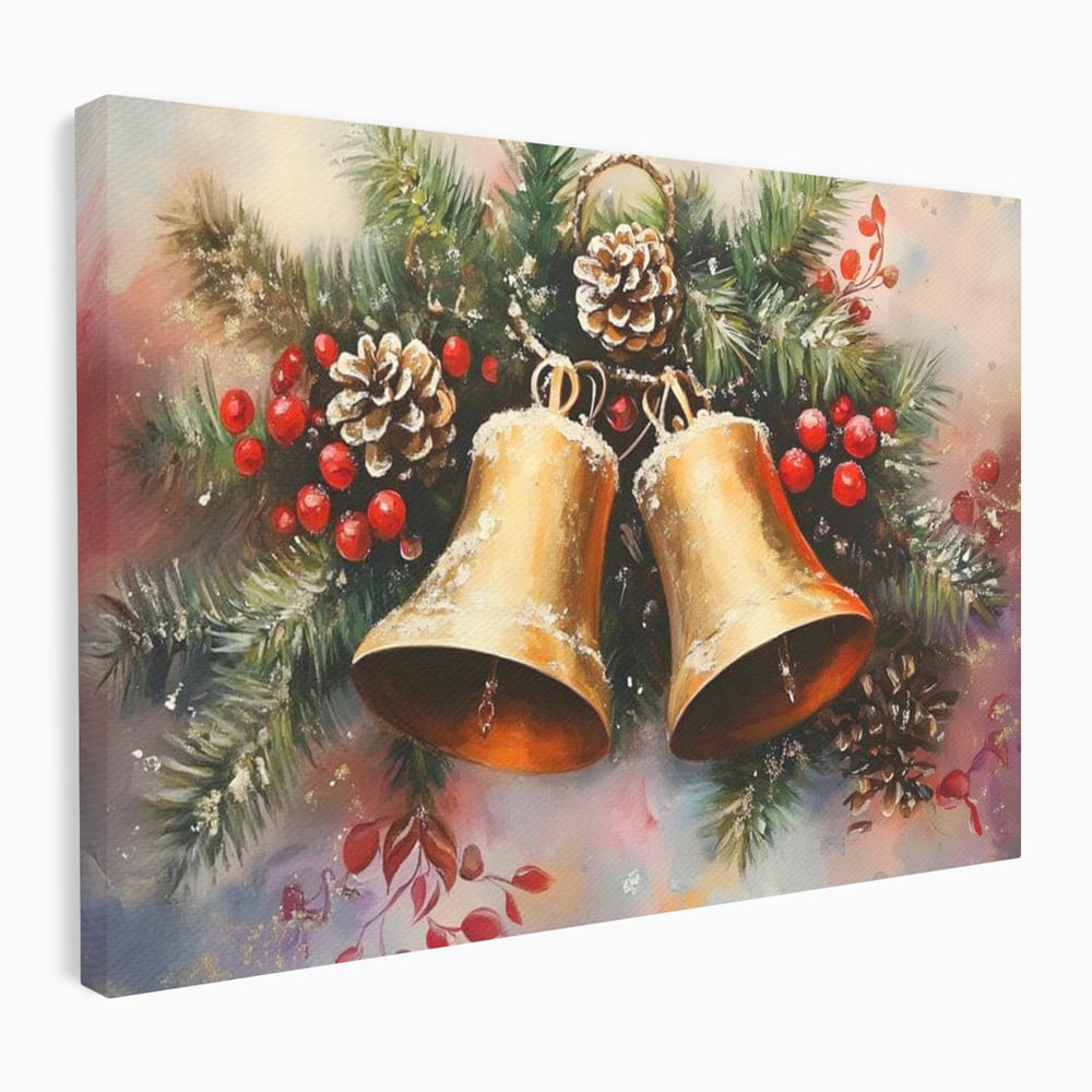 Tablou canvas cu tablou canvas cu clopotei aurii si conuri, fara rama, pe sasiu de lemn